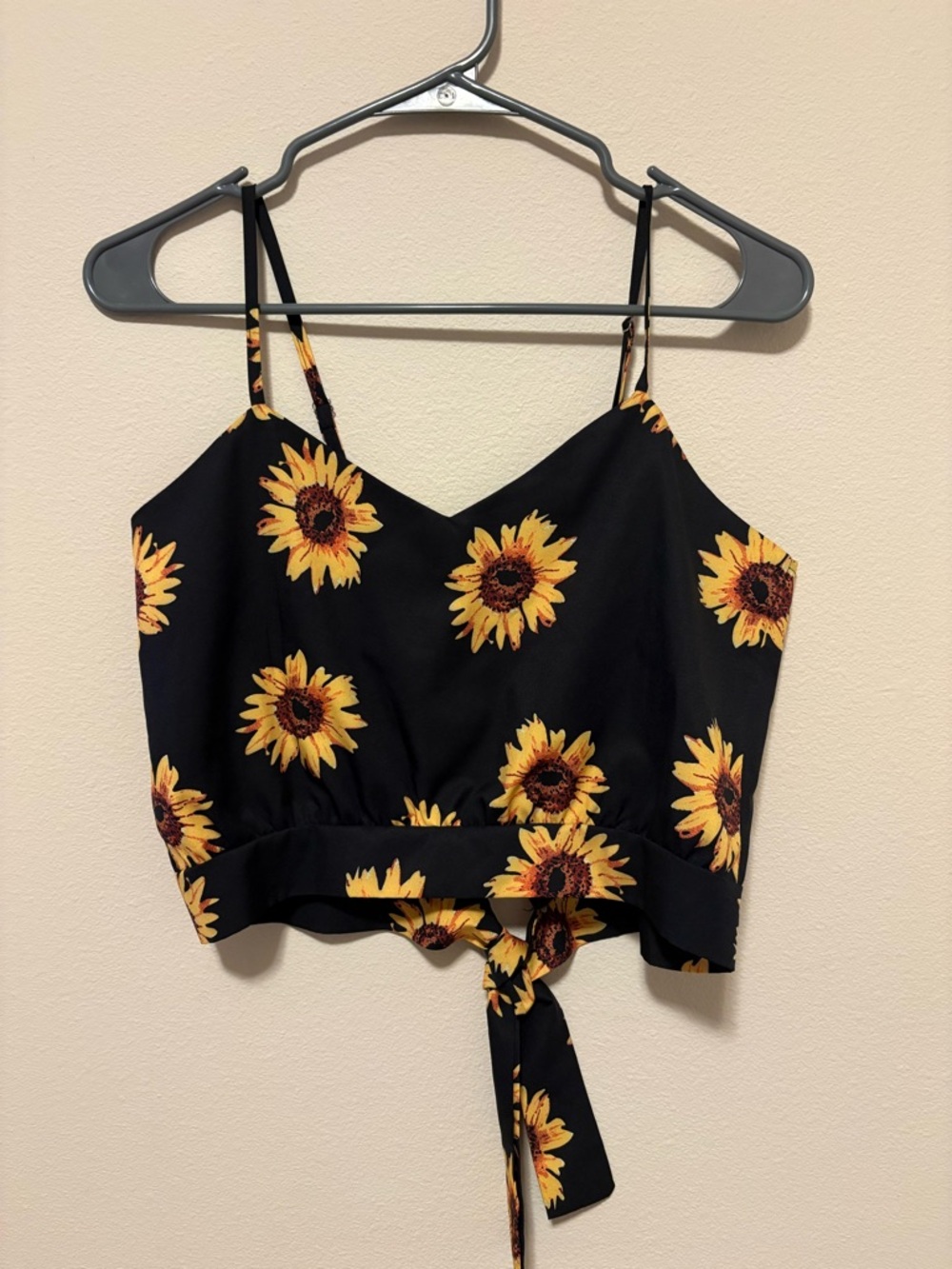 Sunflower Print Black Cropped Tie-Back Cami Top